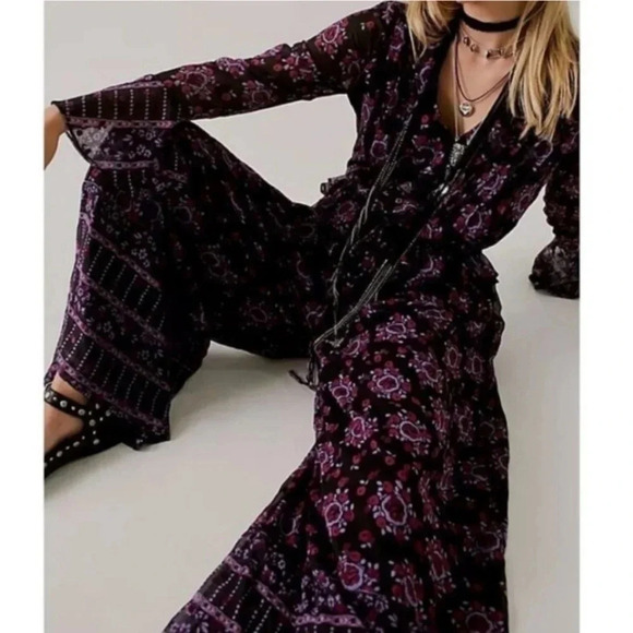Free People x Anna Sui Cassiel Printed Jumpsuit Black Combo XS - Picture 4 of 7